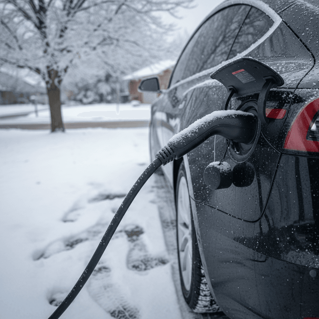 Tesla Model 3 charging in a snowy residential driveway using a home charger