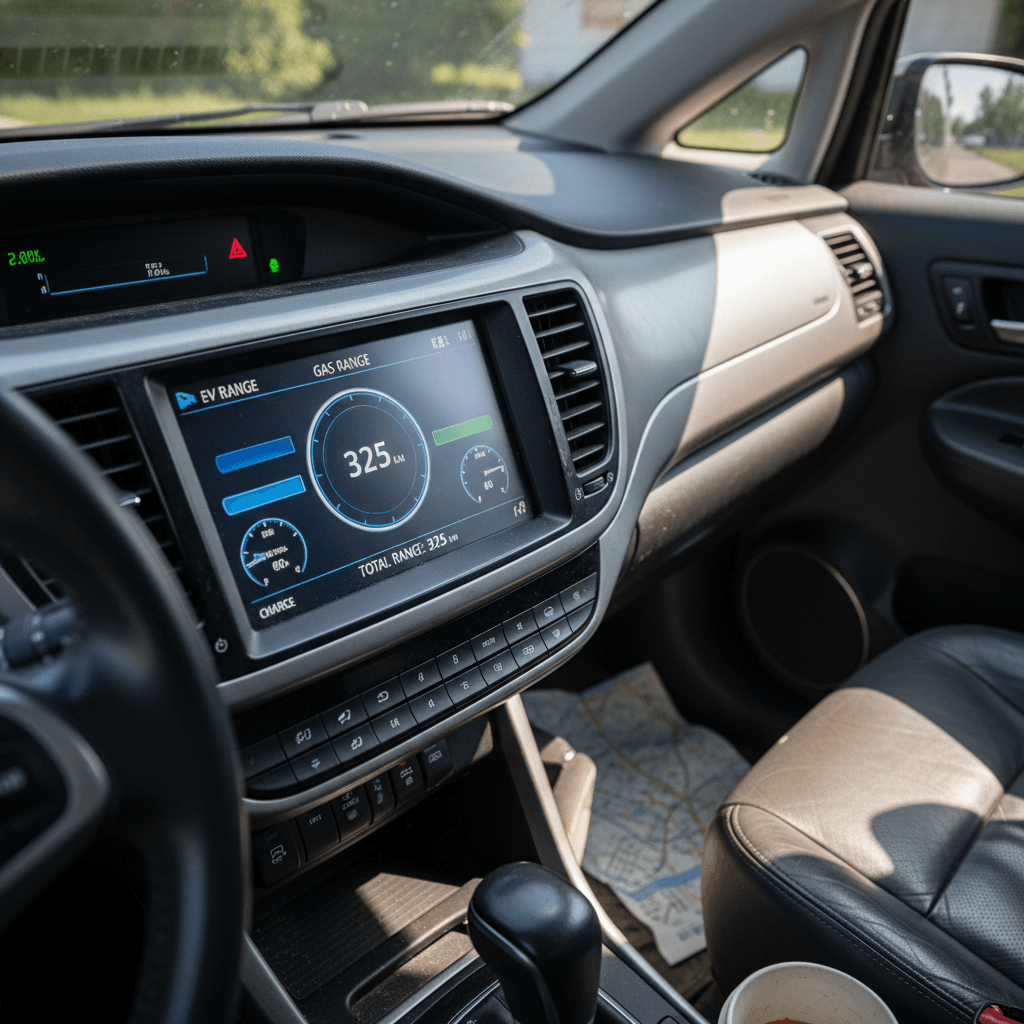 Close‑up of a plug‑in hybrid dashboard energy and efficiency display