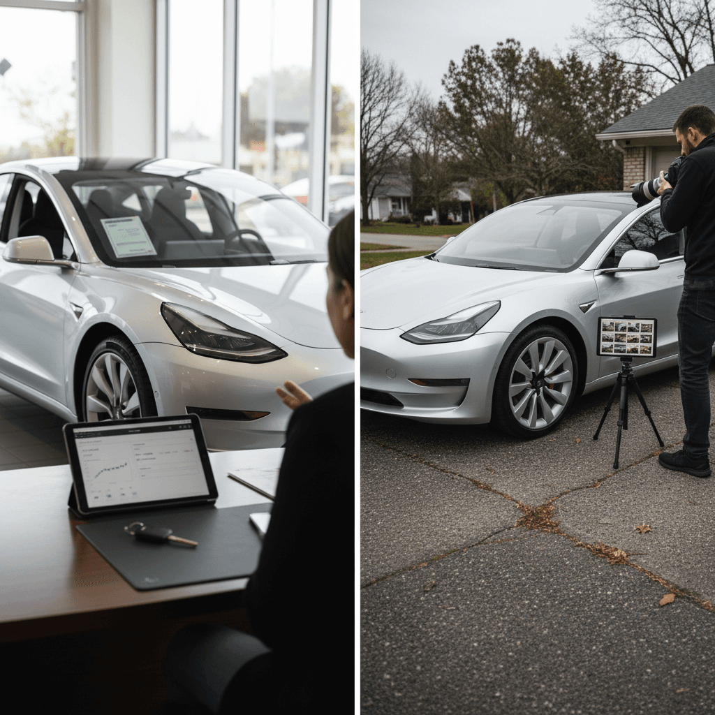 Salesperson at a dealership desk reviewing a trade-in offer while another customer photographs an EV for an online consignment listing