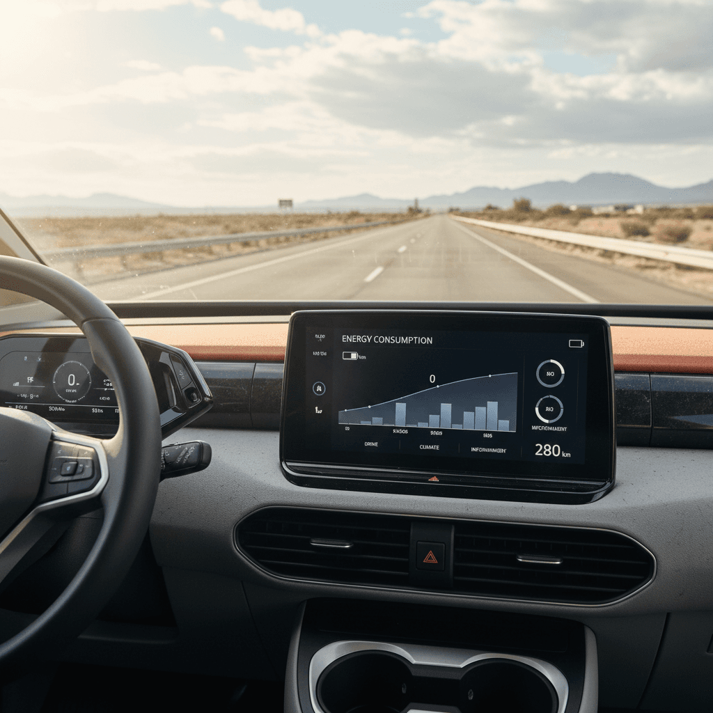 2025 VW ID. Buzz driver display showing remaining range and energy use while cruising on the highway