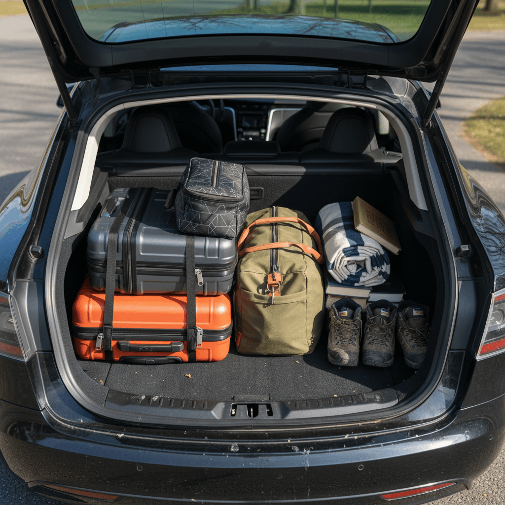 Open Tesla Model S rear hatch viewed from above, showing luggage arranged in the cargo area