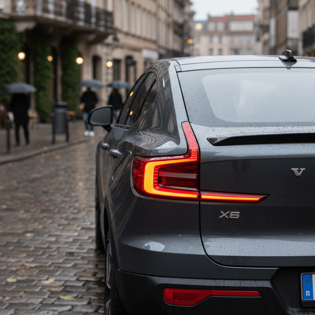 Volvo C40 Recharge rear three-quarter view highlighting sloping roofline and LED taillights in an urban setting