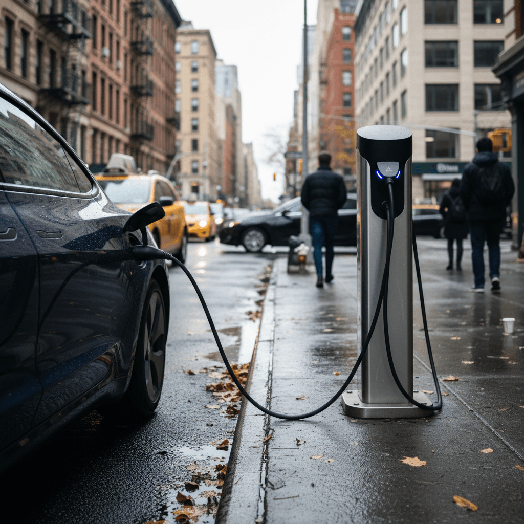 Westchester homeowner reviewing a utility bill on a laptop while their electric vehicle charges on a driveway Level 2 charger