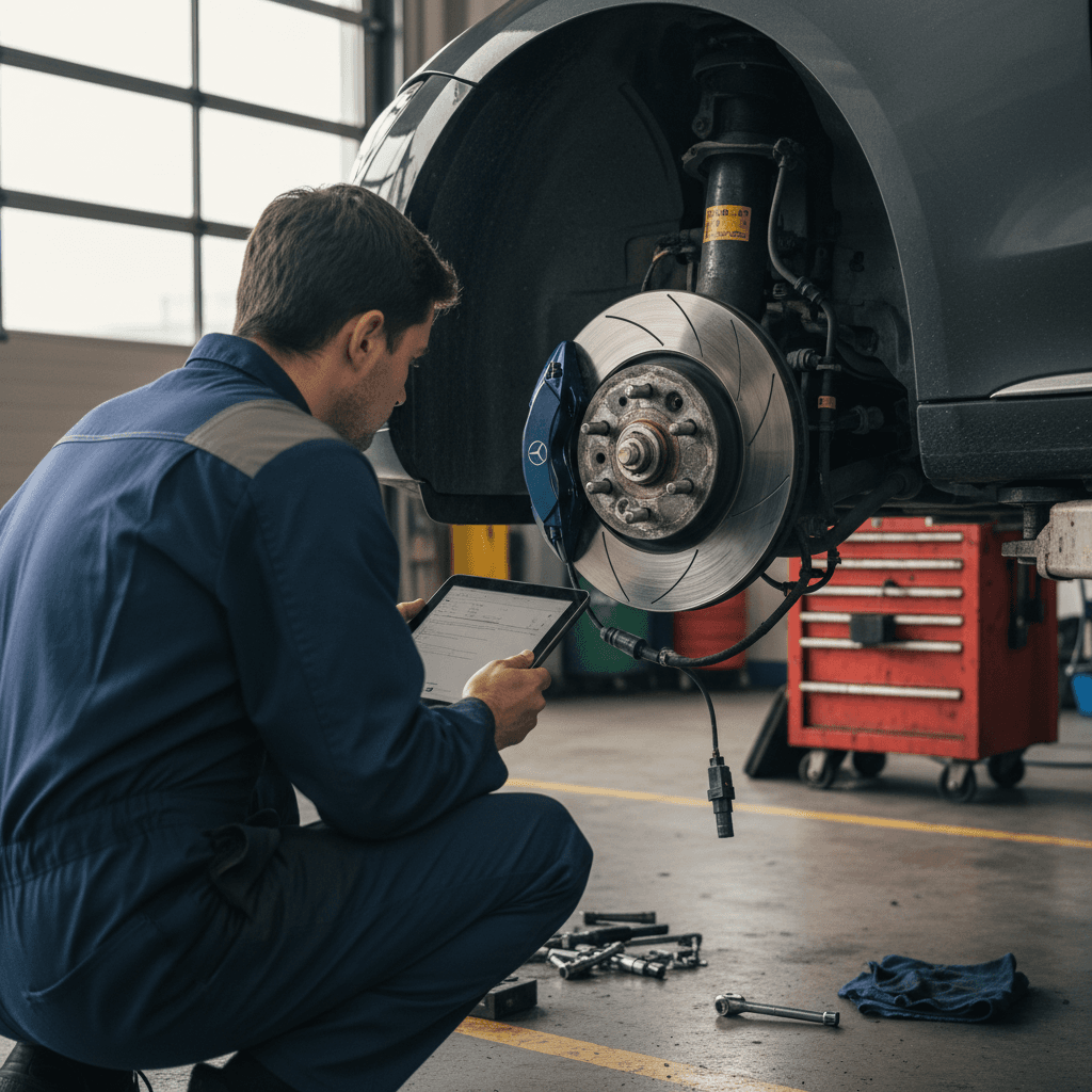 Electric SUV on a lift at a service bay while a technician inspects the suspension and tires