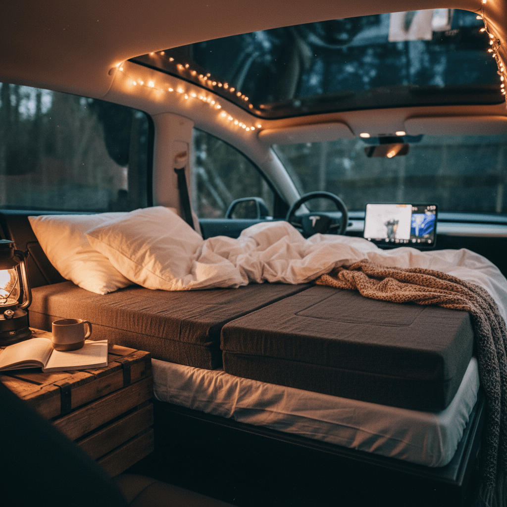 Tesla interior with rear seats folded down, camping mattress and bedding arranged for overnight use