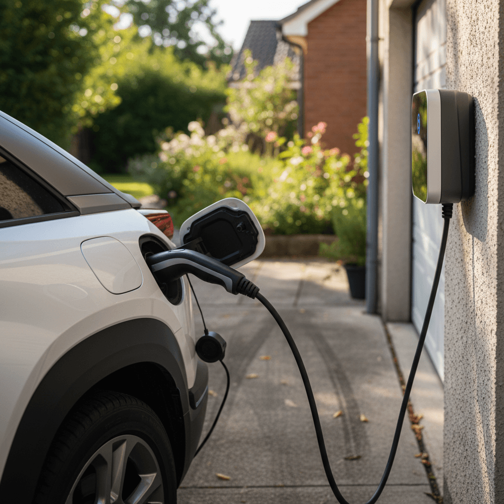 Mazda MX-30 charging at a home wallbox in a residential driveway, illustrating low home charging costs