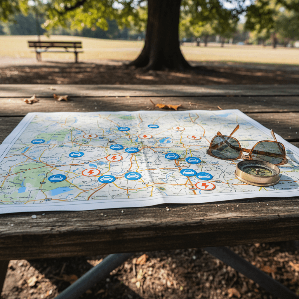 Illustrated map concept showing clusters of Level 2 and DC fast EV charging stations across Fairfax, Virginia