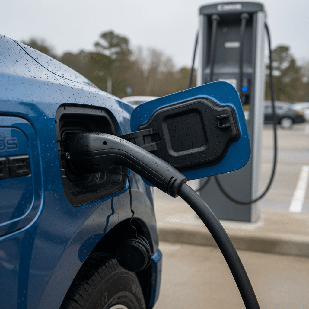 2022 Ford F-150 Lightning charging at a DC fast charger in a public station