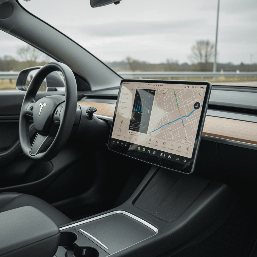 Minimalist interior of a 2018 Tesla Model 3 showing center touchscreen and steering wheel