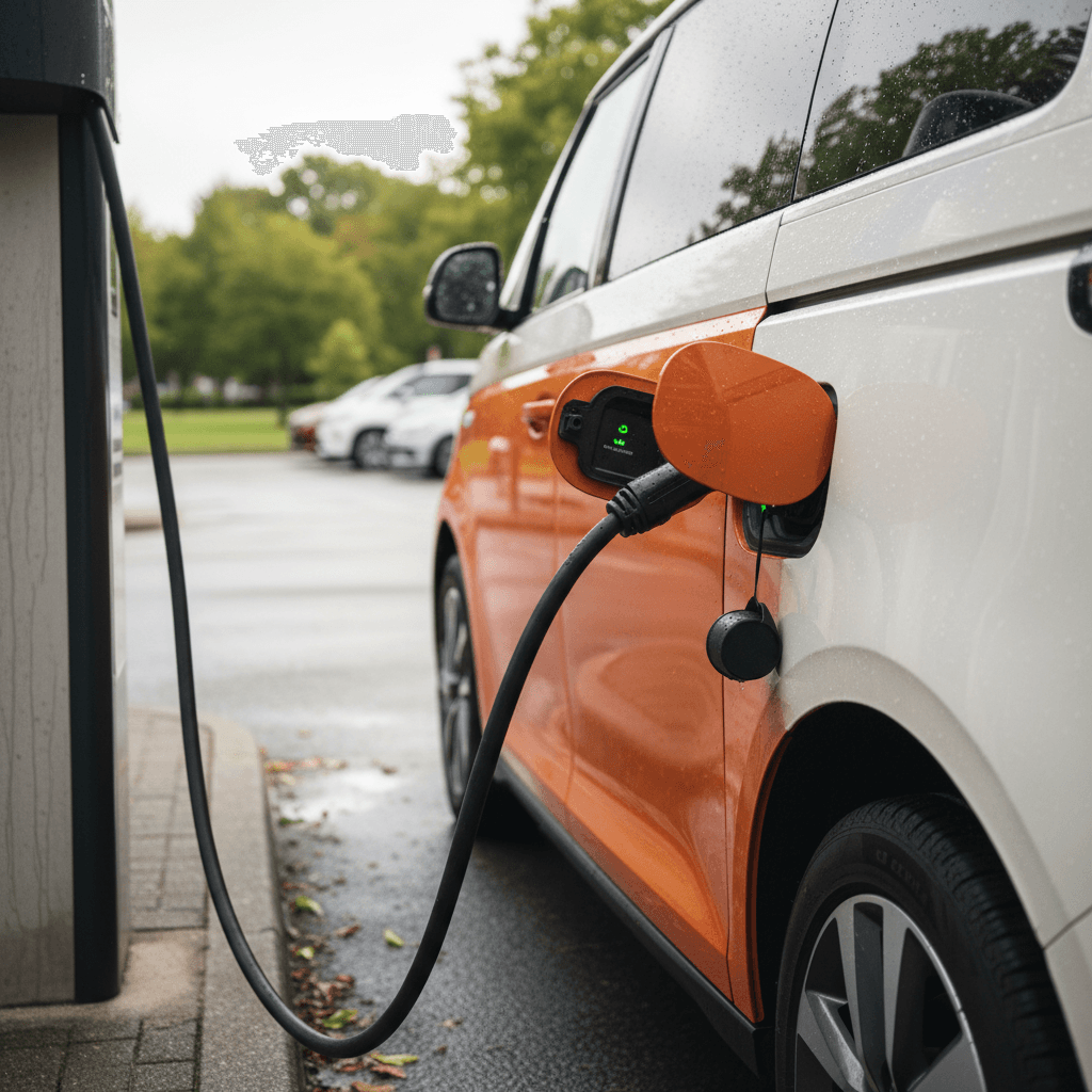 VW ID. Buzz plugged into a DC fast charger, showing the side profile and charge cable connected near the rear wheel