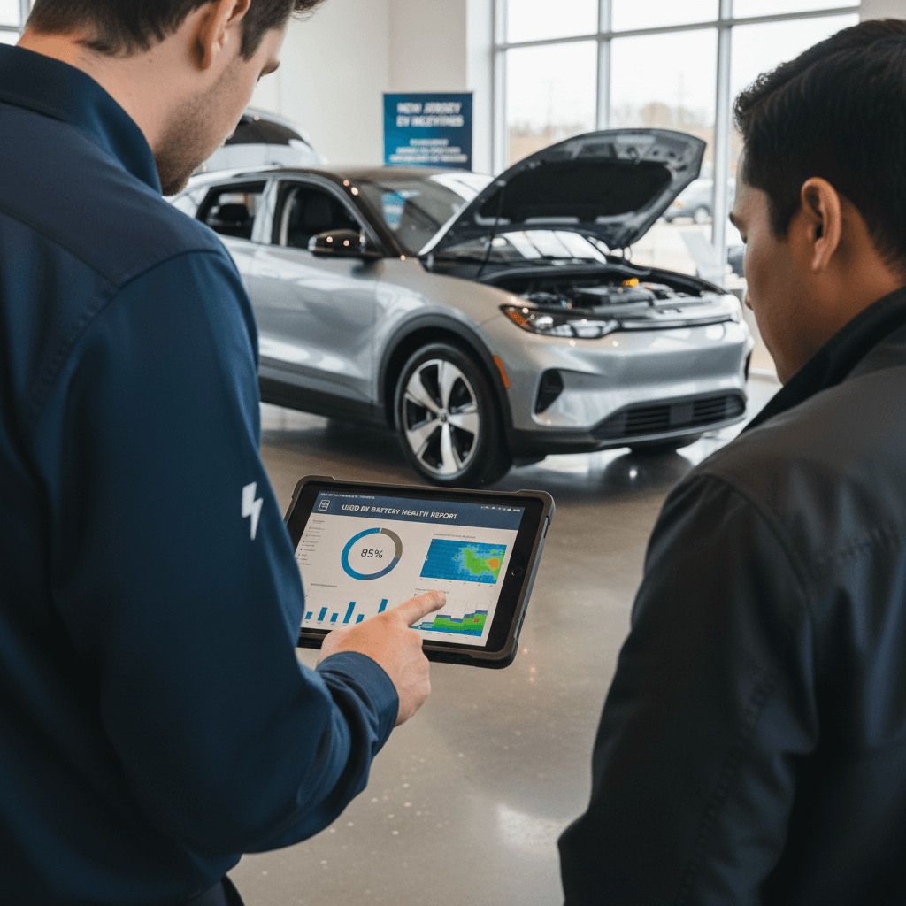 EV shopper with an advisor reviewing a used electric car battery health report on a tablet in a showroom near Newark