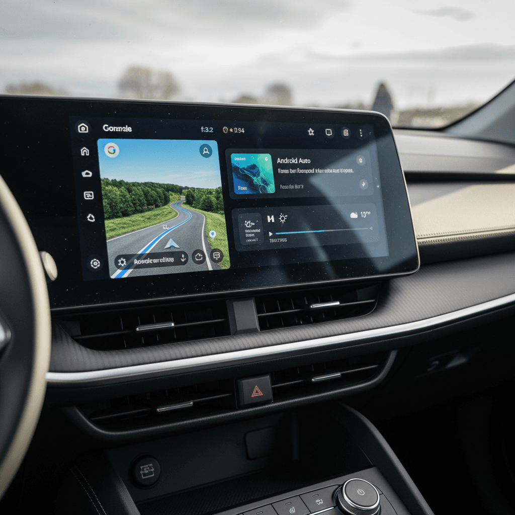 Large central touchscreen in an electric vehicle showing the Android Auto home screen with navigation and music apps