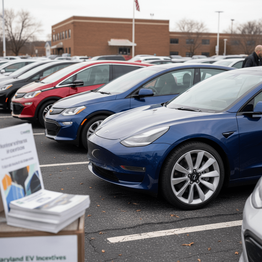Shopper comparing prices on a row of used electric vehicles at an Atlanta lot, focusing on value and battery health reports