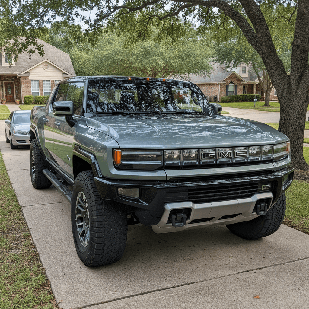 GMC Hummer EV parked in a residential driveway, emphasizing its size compared with a typical SUV