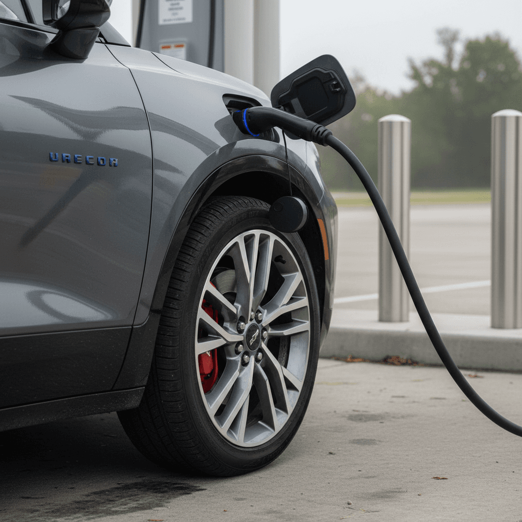 2024 Chevy Blazer EV plugged into a DC fast charger showing charging status on the driver display