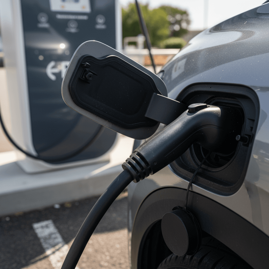 Volkswagen ID.4 plugged into a DC fast charger, close up of the charging port and cable