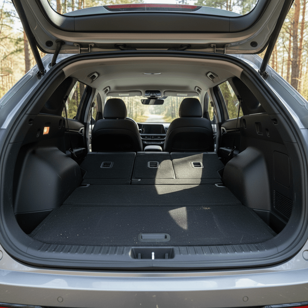 Chevy Bolt EUV rear cargo area with rear seats folded flat, showing long, open load floor suitable for luggage or gear
