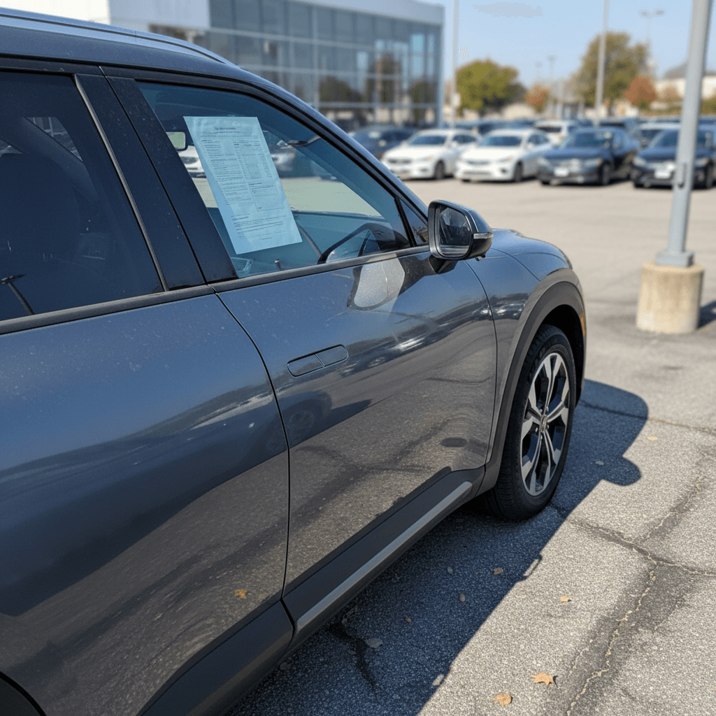 Used Kia EV9 parked on a dealership lot with pricing label in the window