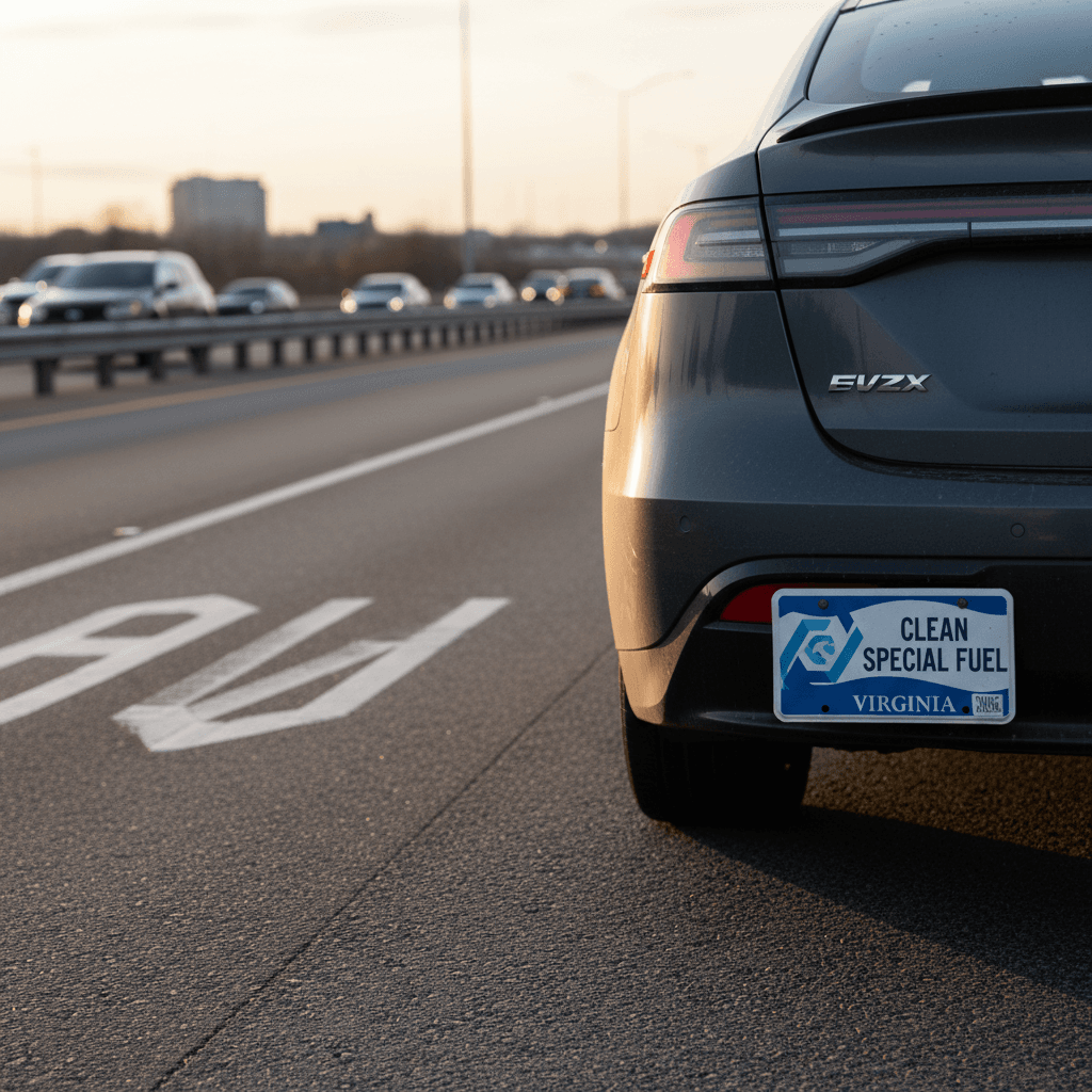 Virginia electric vehicle with clean special fuel plate driving in clearly signed HOV lane during rush hour