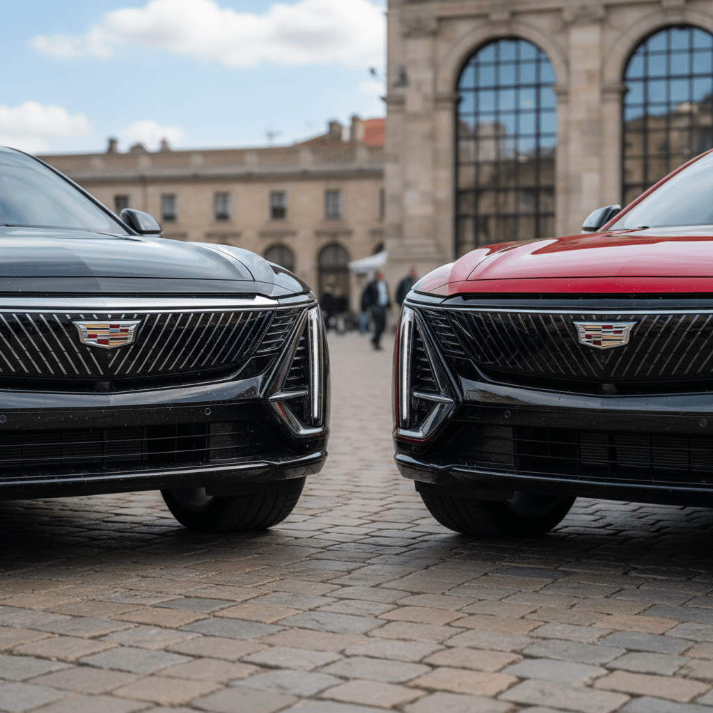 Cadillac Lyriq Luxury and Sport parked side by side showing different grille and trim treatments