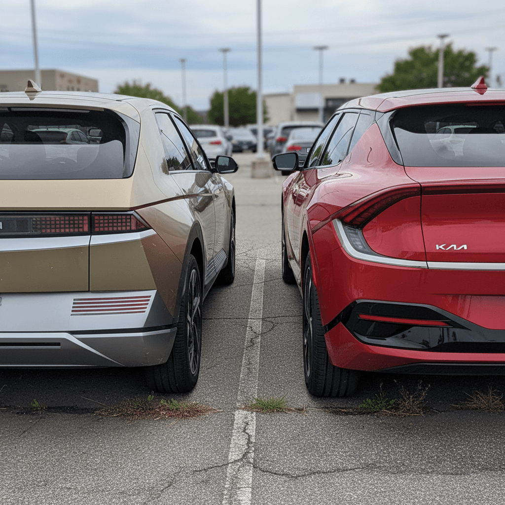 Hyundai IONIQ 5 and Nissan Ariya parked next to a DC fast-charging station
