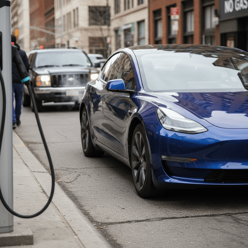 White Tesla Model 3 parked on a city street curb