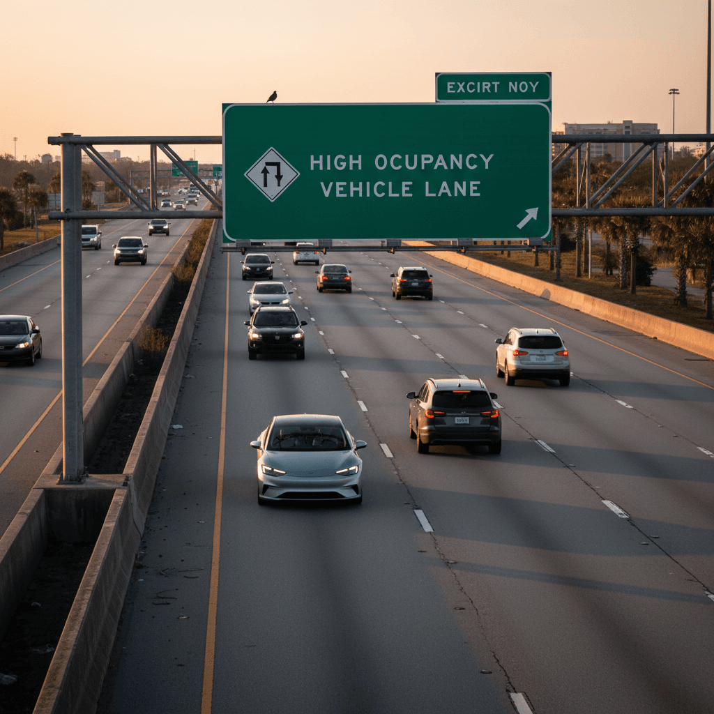 HOV lane sign above a South Carolina interstate with mixed traffic including an electric vehicle in the left lane