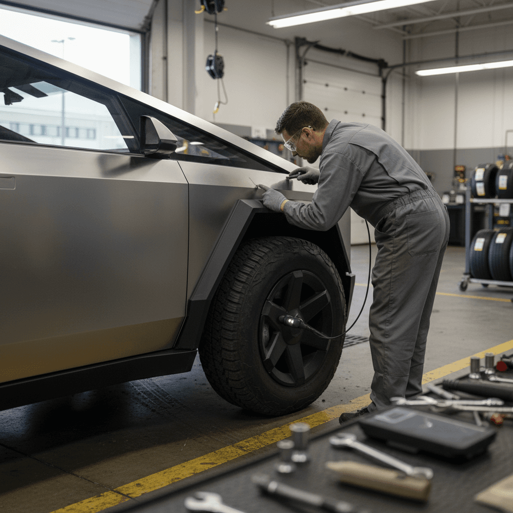 Tesla Cybertruck in a service bay with a technician inspecting the stainless trim near the windshield and the front wheels on a lift