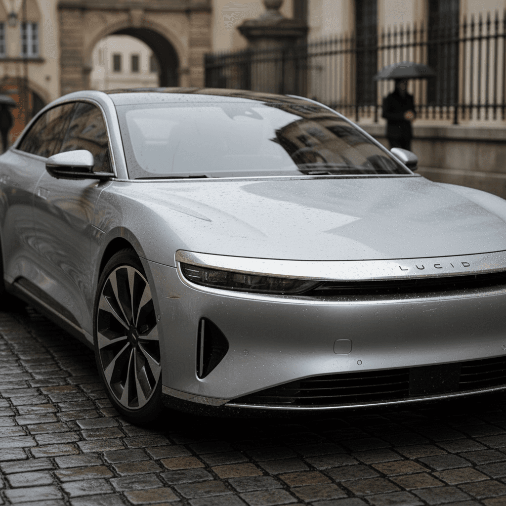 Lucid Air electric luxury sedan parked near a DC fast charger