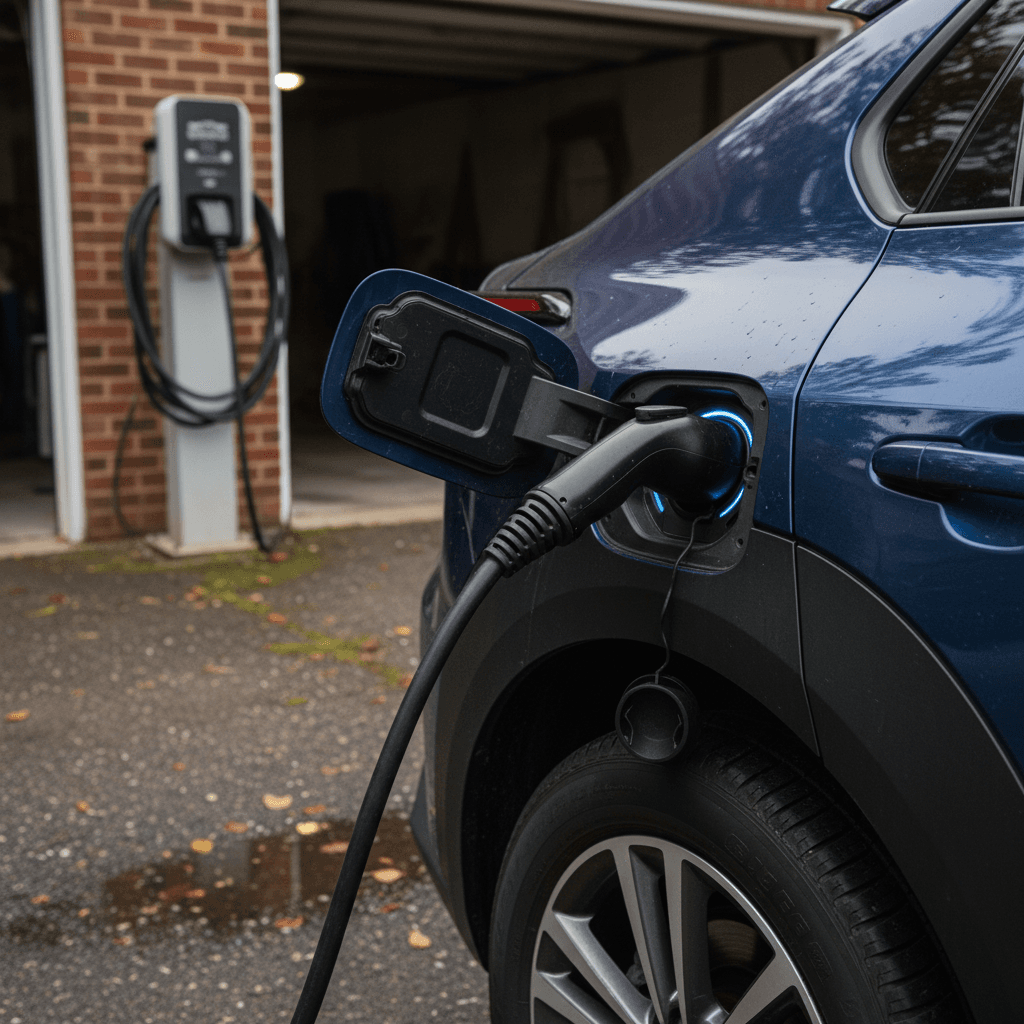 Electric SUV and sedan parked side by side while charging at a modern station
