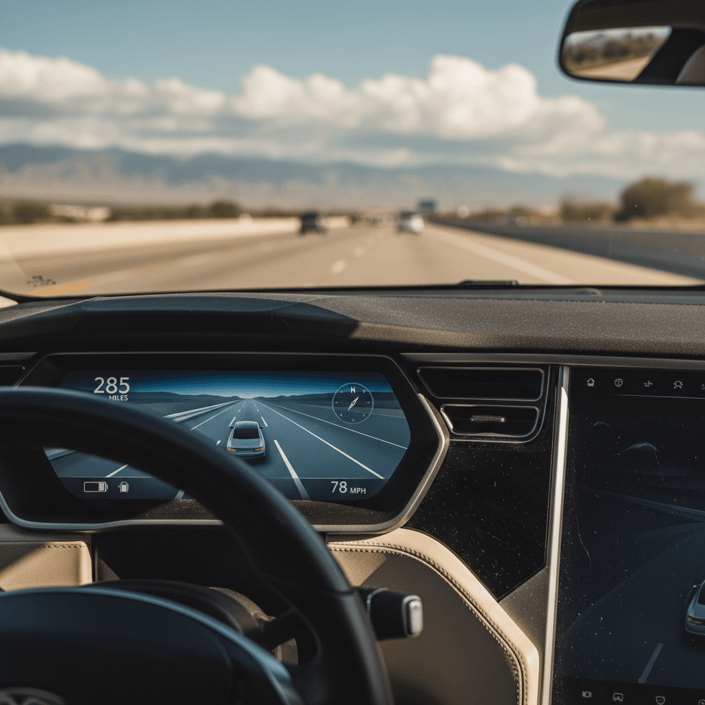 2019 Tesla Model S digital instrument cluster showing projected remaining range during a highway drive