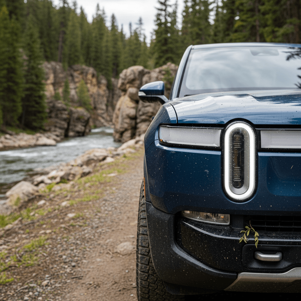 Used Rivian R1T on a dealer lot with pricing sticker visible on the windshield, highlighting how depreciation affects asking price