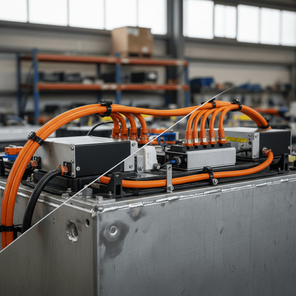 Illustration comparing 400-volt and 800-volt EV battery layouts with orange high-voltage cables