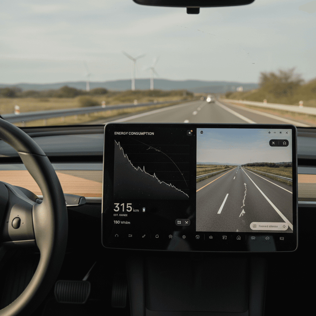 Driver’s view from a Tesla Model 3 interior showing the center screen with remaining range and energy graph during highway driving