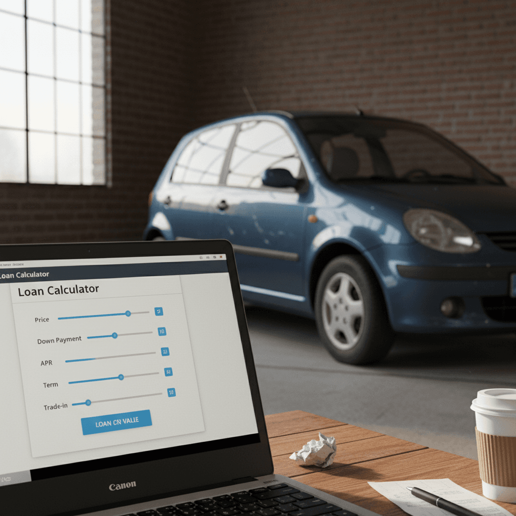 Laptop screen showing an EV loan calculator with sliders next to a compact electric car in a driveway