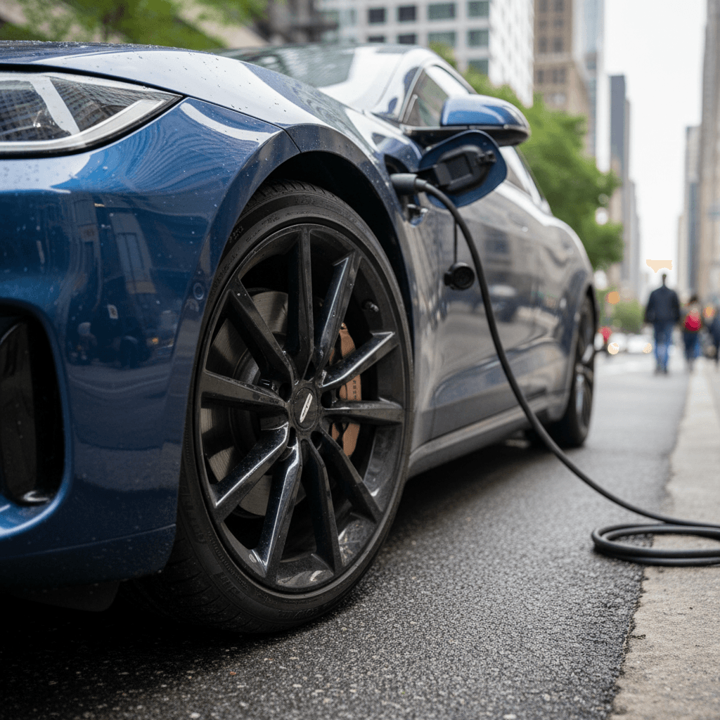 Modern luxury electric SUV parked in a minimalist driveway