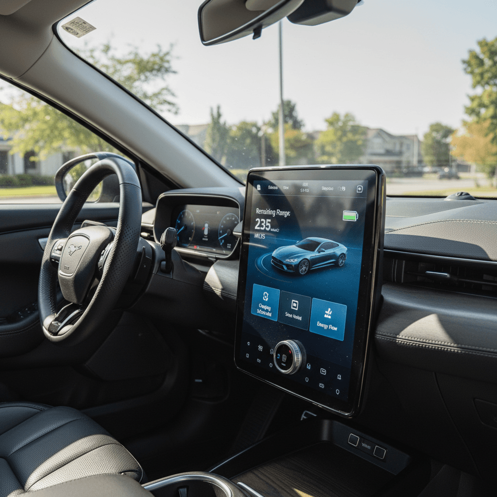 Ford Mustang Mach-E interior with digital instrument cluster and central touchscreen showing battery range and trip information