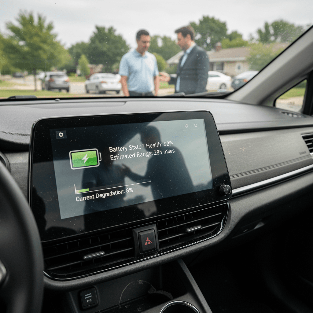 Seller and buyer standing next to an electric car reviewing a printed battery health report showing state of health and estimated range