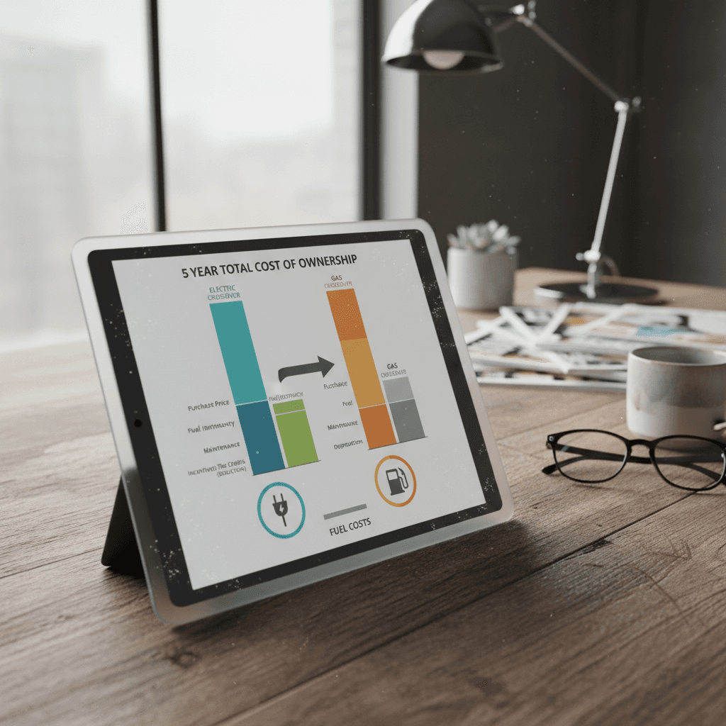 Side-by-side bar chart comparing 5-year fuel, maintenance, insurance, and depreciation costs for an electric compact crossover and a gas compact crossover