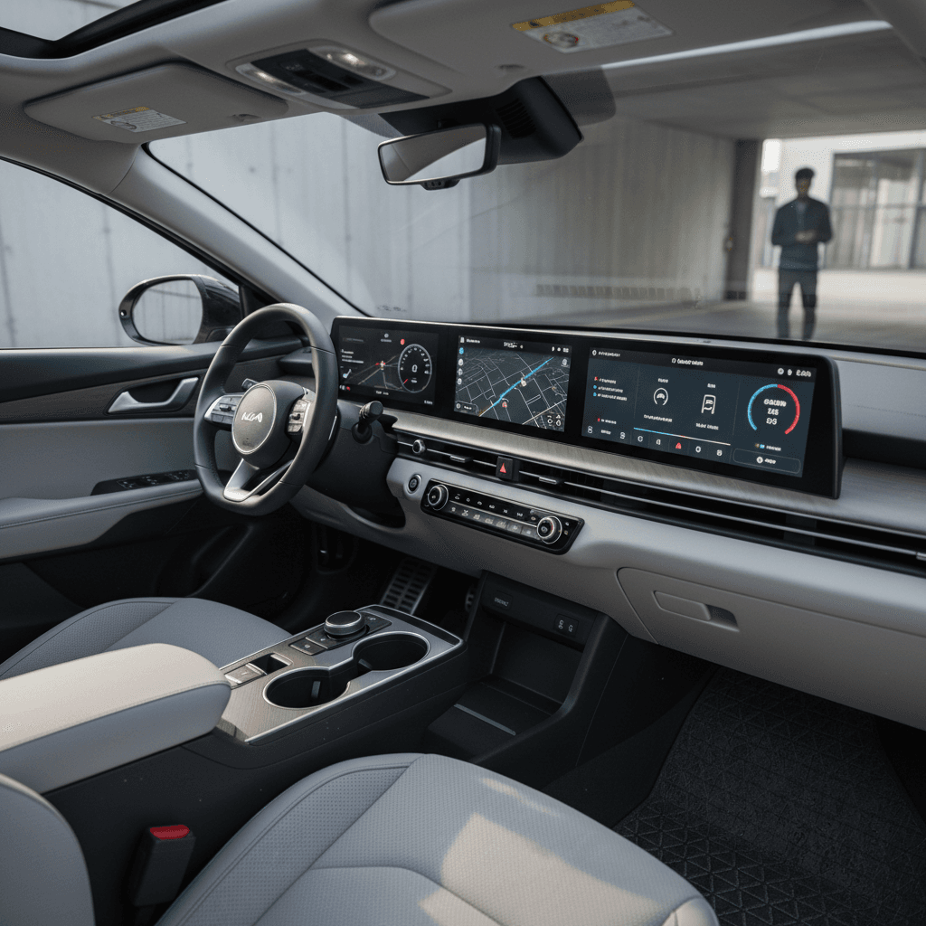 Kia EV4 interior with dual widescreen display, flat floor, and minimalist dashboard