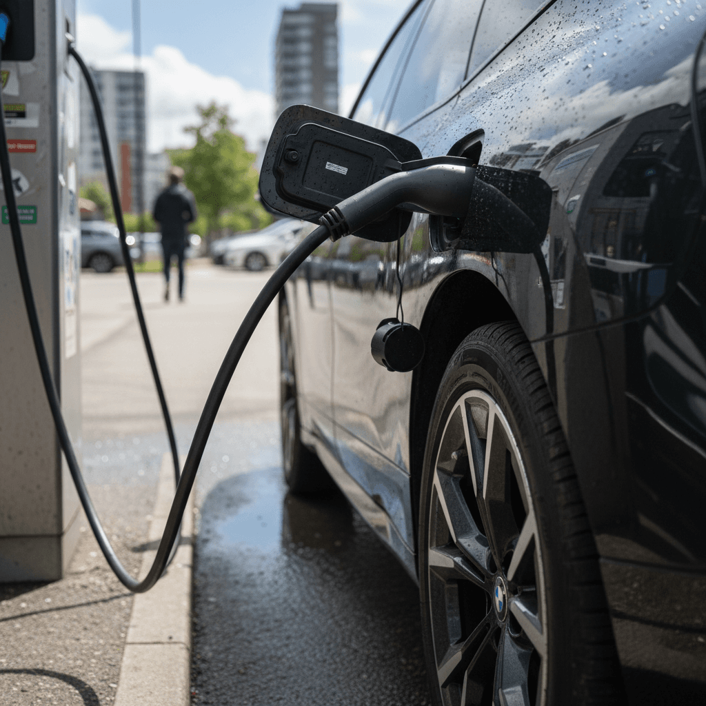 2022 BMW iX plugged into a home wallbox charger, highlighting everyday charging use