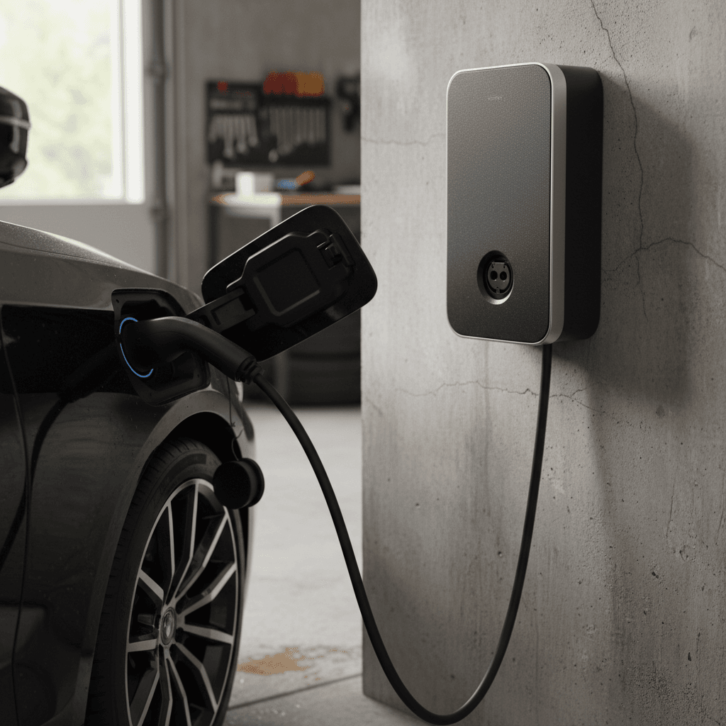 BMW i5 charge port with cable plugged in at a home Level 2 wallbox