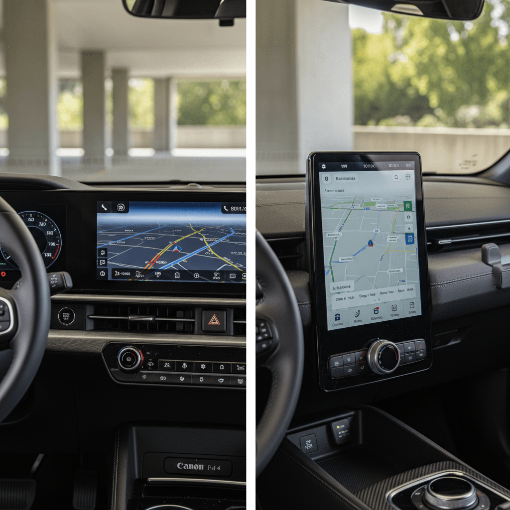 Interior view of Kia EV6 and Ford Mustang Mach-E center screens showing charging information side by side