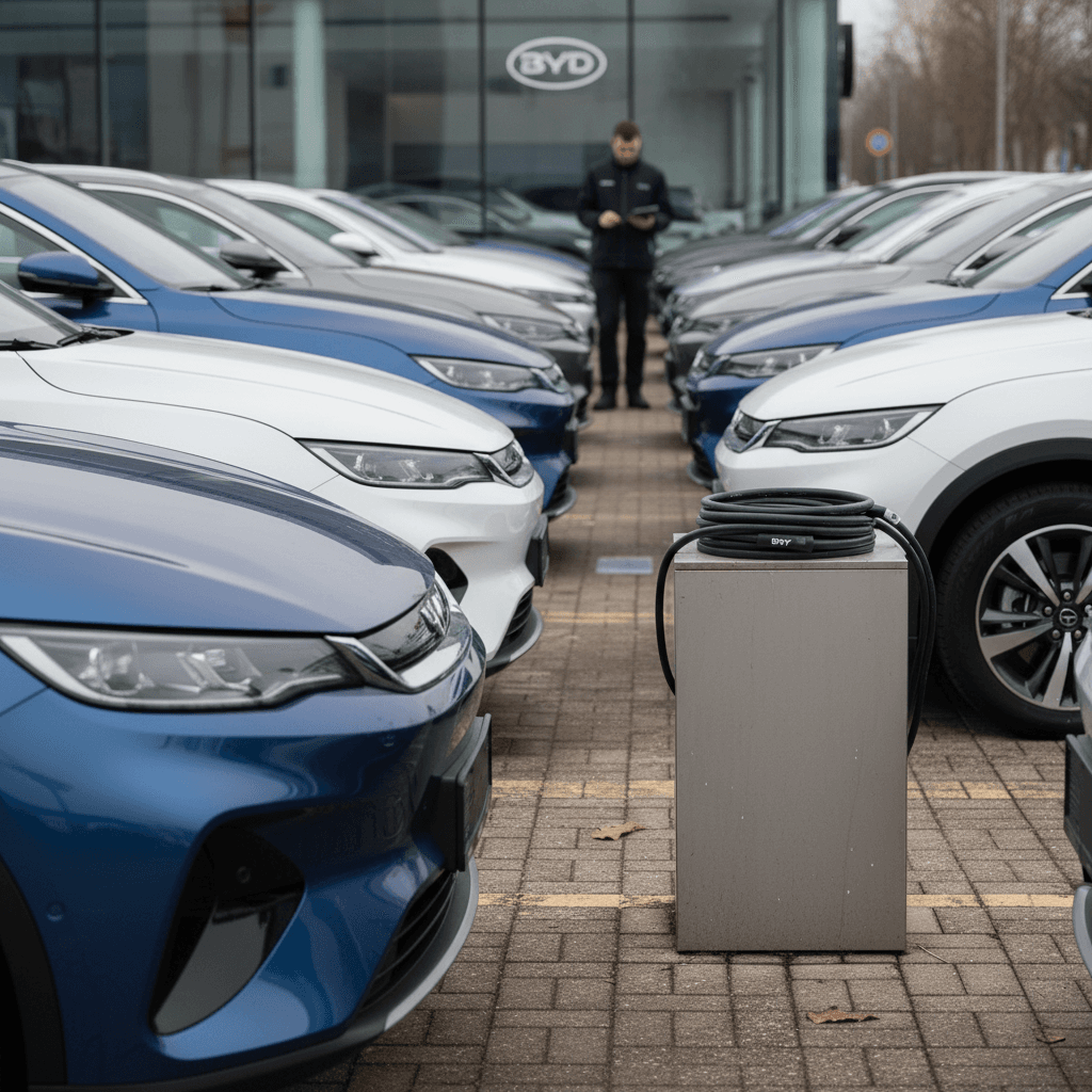 Row of BYD electric cars parked in front of a modern dealership building