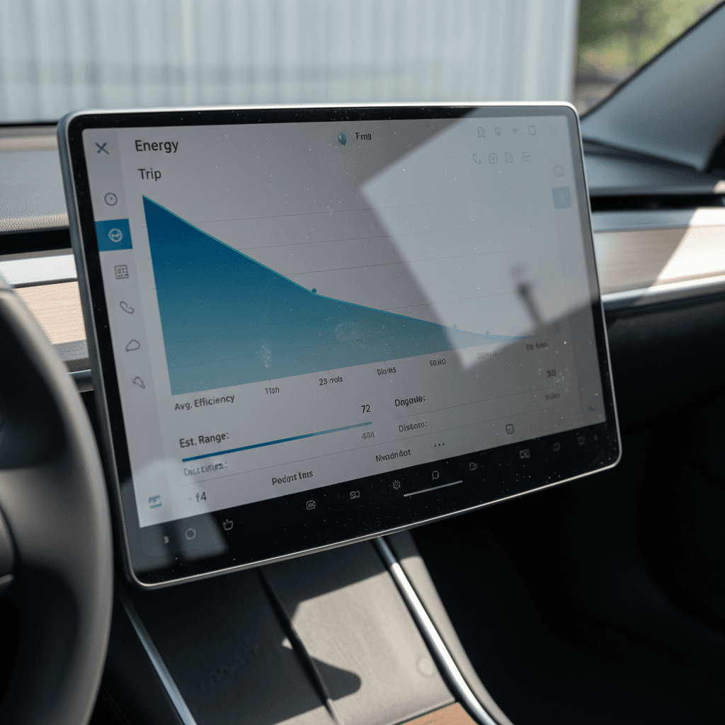 Tesla Model 3 energy and trip display showing live consumption during a highway range test