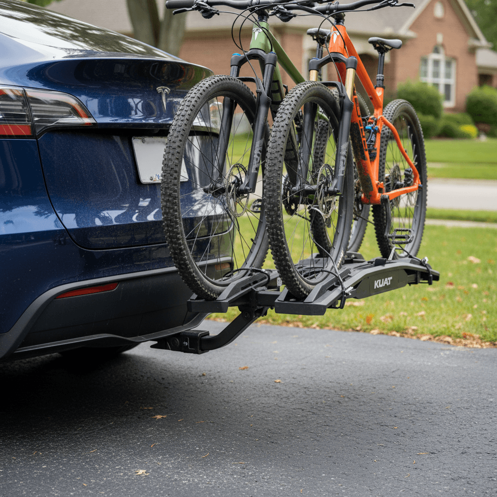 Electric crossover with roof rack system and two bikes mounted above the cabin