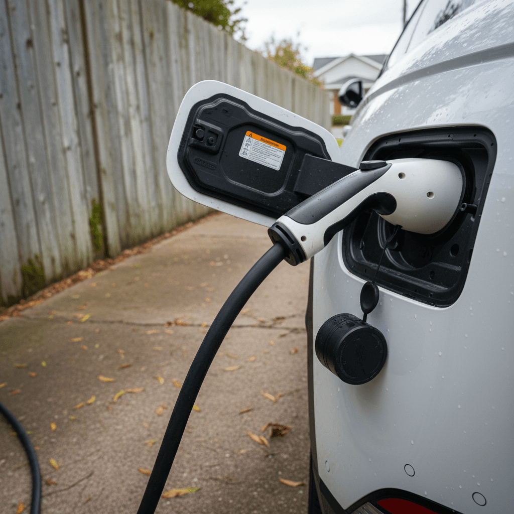 Hyundai IONIQ 5 plugged into a home Level 2 charger, emphasizing the charging hardware and port area