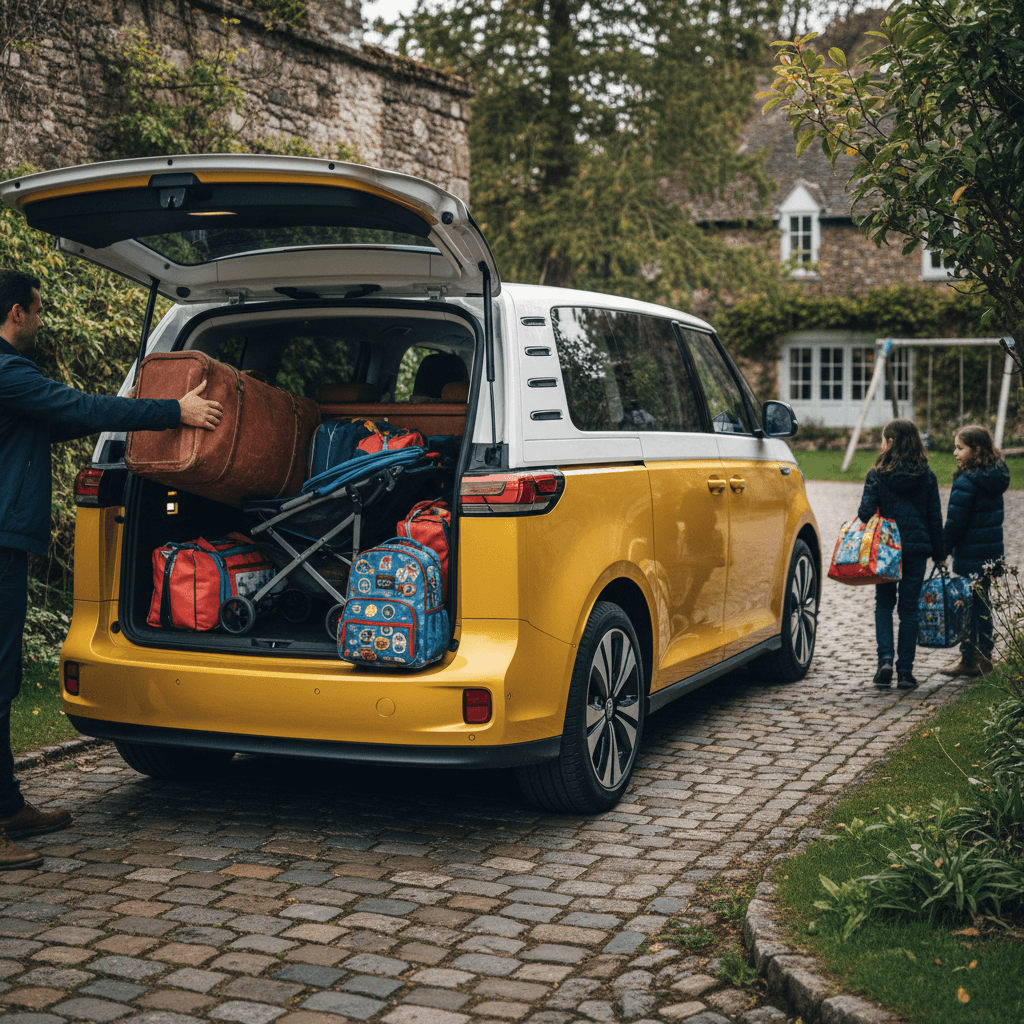 Family loading luggage into the rear of a yellow and white VW ID. Buzz parked in a driveway
