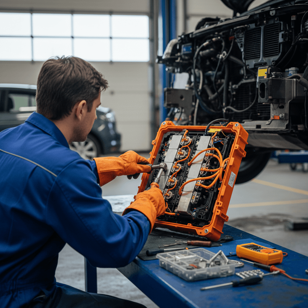 An electric vehicle with rear-end damage being repaired in a modern collision shop