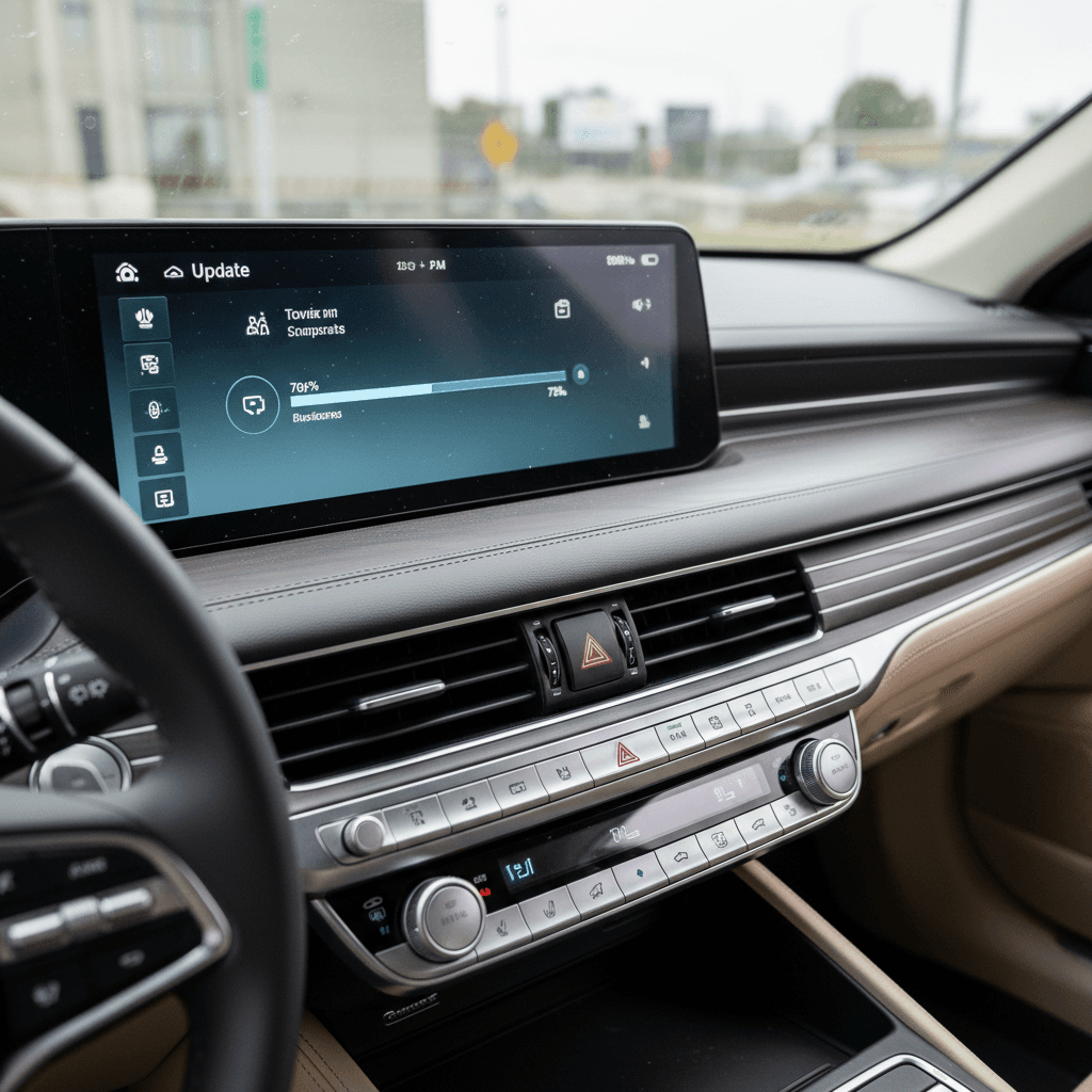 Genesis Electrified G80 interior showing wide touchscreen and digital instrument cluster displaying software and navigation menus